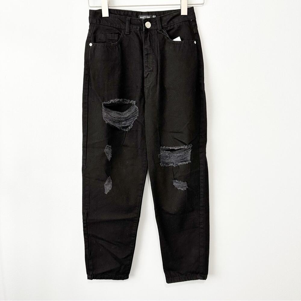 Nasty Gal hole lotta trouble petite distressed jeans black ripped NWT size 1